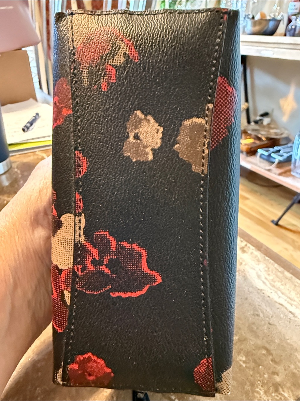 Coach Black Leather Zip cosmetic pouch with Red and Tan Floral Print - Picture 4 of 5